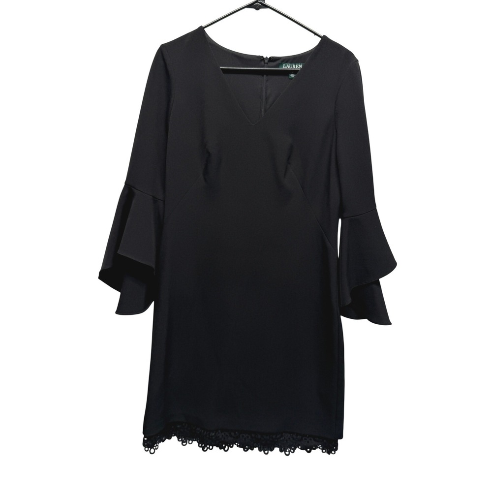 Lauren Ralph Lauren Womens Black Bell Sleeve V-Neck Lace Hem Sheath Dress Size 8